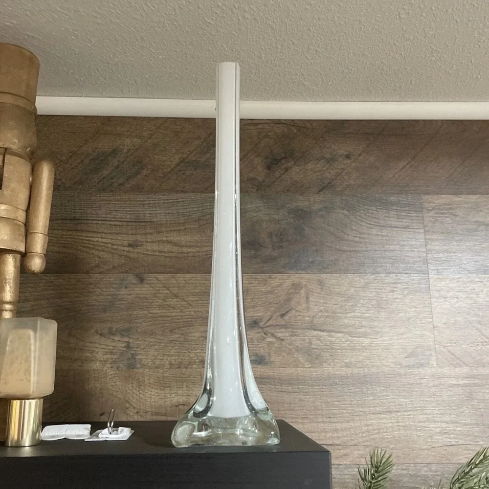 Bud Vase 12 Inch Tall Slender Cased Glass White Clear Star Base Mid Century